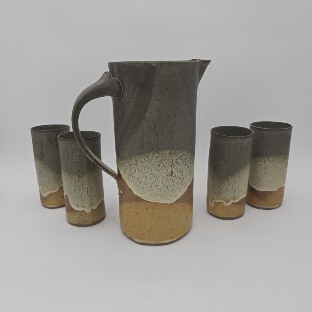 Studio Pottery Drip Glaze Pitcher and 4 Tumber Set‎ Hand Thrown Stoneware Signed